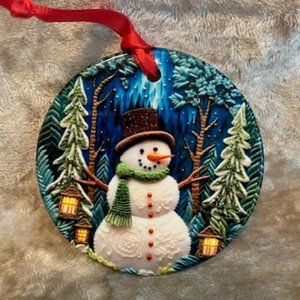 Ceramic Christmas Ornament - Snowman with Lanterns